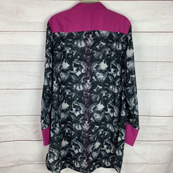 Kenneth Cole Long-sleeved Colorblock Blouse tunic Large 10 Collar Pink Black - Picture 2 of 13